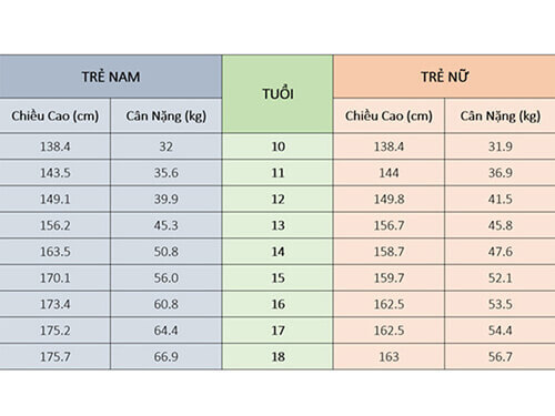 Bảng chiều cao cân nặng chuẩn của trẻ từ 10 đến 18 tuổi